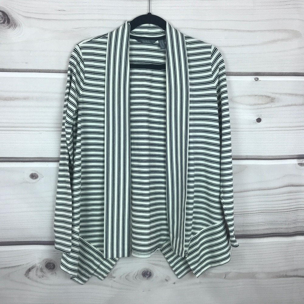 AnyBody Sweater Women XXS Black Cozy Knit Stripe Cardigan Open Front Long Sleeve